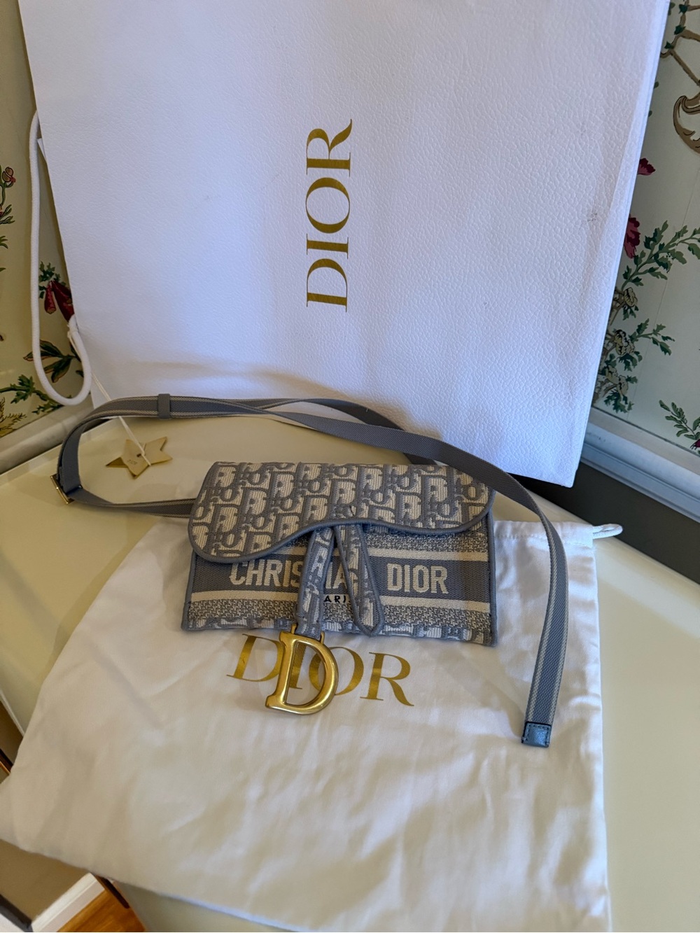 Dior Gray Oblique Saddle Wallet on Strap